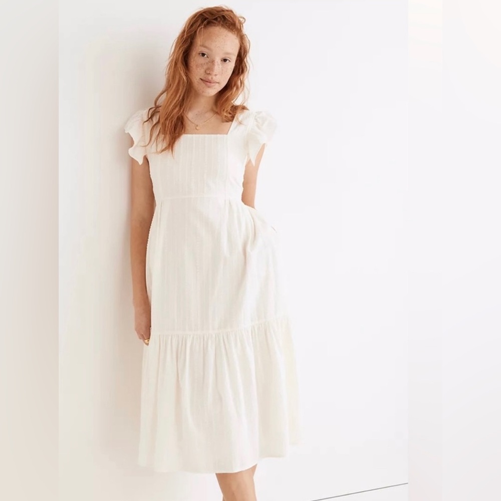 Madewell Ruffle-Strap Tiered Midi Dress in Textural Stripe XL